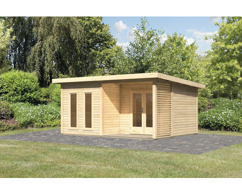 Holzgartenhaus mit Flachdach, Fenstern und Doppeltür im Garten