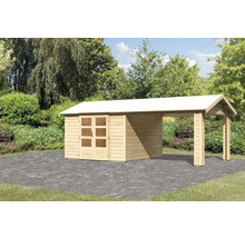 Holzgartenhaus mit Carport im Garten
