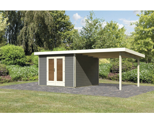 Gartenhaus Karibu Badeburg 1 inkl. Anbaudach 3,3 m 664 x 331,5 cm terragrau Gartenhaus mit Carport im Garten