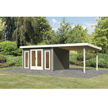 Gartenhaus mit Carport auf Rasenfläche