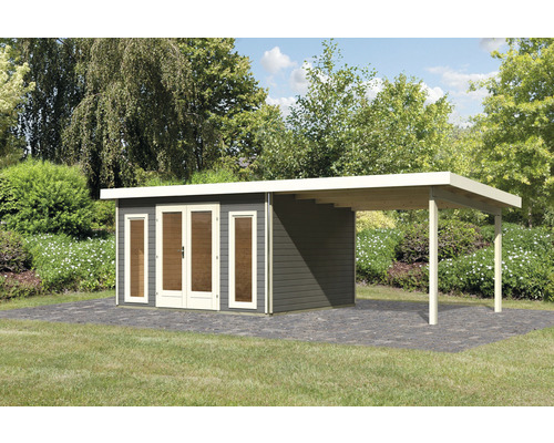 Gartenhaus Karibu Badeburg 2 inkl. Anbaudach 3,3 m 724 x 331,5 cm terragrau Gartenhaus mit Carport auf Rasenfläche