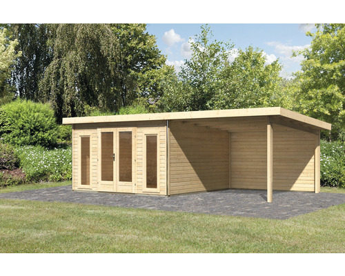 Gartenhaus Karibu Badeburg 3 inkl. Anbaudach 3,3 m und Rückwand 724 x 393 cm natur Holz Gartenhaus mit Anbau im Garten