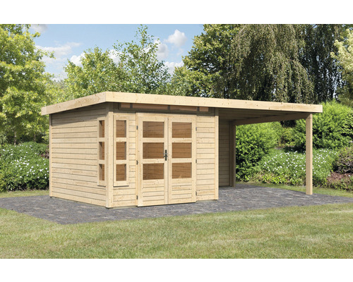 Gartenhaus Karibu Kastorfa 6 inkl. Anbaudach 3,2 m und Rückwand 612 x 303 cm natur Holzgartenhaus mit Überdachung im Außenbereich