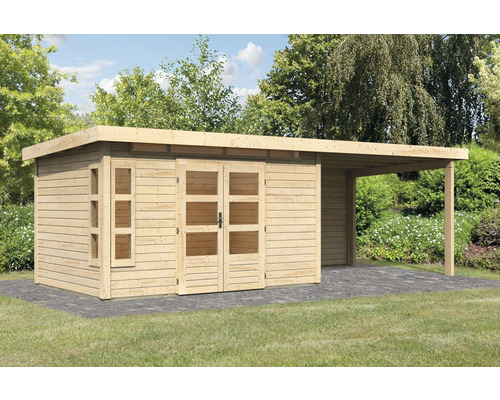 Gartenhaus Karibu Kastorfa 7 inkl. Anbaudach 3,2 m und Rückwand 702 x 273 cm natur Holzgartenhaus mit Doppeltür und Vordach