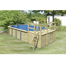 Aufstellpool mit Holzverkleidung, Leiter und Terrasse im Garten