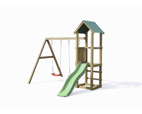 Spielturm Marimex Play Basic 008 Holz natur mit Rutsche grün und Doppelschaukel Spielplatz mit Schaukel und Rutsche für den Garten