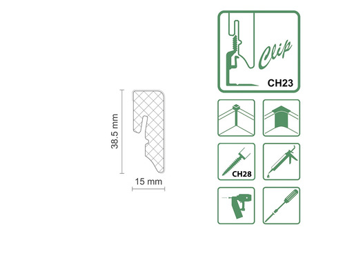 Clip CH23 mit den Massen 38,5 mm und 15 mm, Symbole zur Anbringung