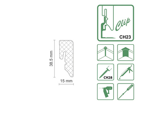 Clip zur Befestigung mit den Maßen 38,5 mm x 15 mm, zusammen mit zugehörigen Symbolen