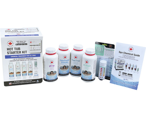 Canadian Spa Company Hot Tub Starter Set mit pH-Plus, Chlorgranulat, Schaumfrei, pH-Minus, Teststreifen und Spa Chemie Ratgeber