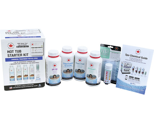Canadian Spa Company Hot Tub Starter Kit mit pH-Plus, Chlorgranulat, Schaumfrei, pH-Minus, Teststreifen und Spa Chemikalien Ratgeber