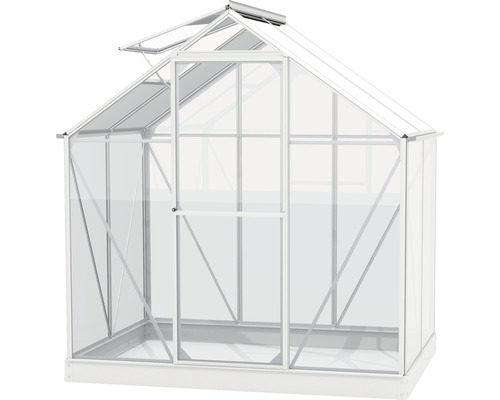 Gewächshaus mit geöffnetem Dachfenster und Tür