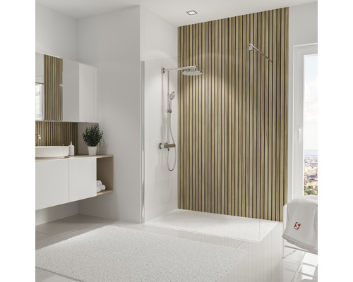 Duschrückwand Schulte Decodesign 2550x1500x3 mm Dekor Japandi Modernes Badezimmer mit Dusche, Waschbecken und Holzpaneelen