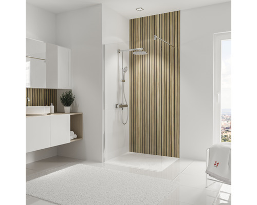 Duschrückwand Schulte DecoDesign 2550x1000x3 mm Dekor Japandi Badezimmer mit Duschkabine, Waschtisch und Holzverkleidung