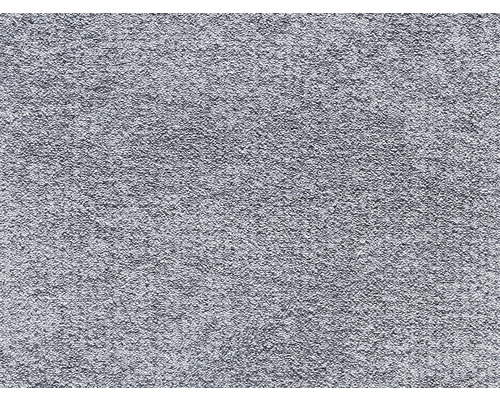 Teppichboden Velours Saimaa grau FB95 400 cm breit (Meterware) Nahaufnahme eines silberfarbenen Teppichs.