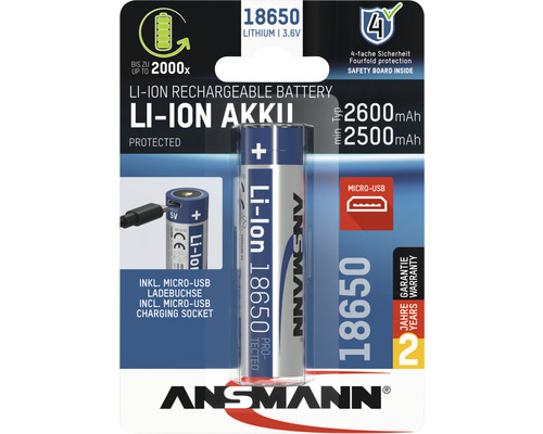 Akkubatterie ANSMANN Li-Ion Akku 18650 3,6 V 2600 mAh mit USB-Type-C Ladebuchse 1 Stk.