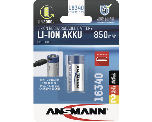 Akkubatterie ANSMANN Li-Ion Akku 16340 3,6 V 850 mAh mit Micro-USB Ladebuchse 1 Stk.
