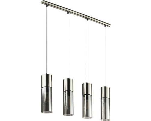 Vierflammige Pendelleuchte mit zylindrischen Lampenschirmen aus Glas und Metall