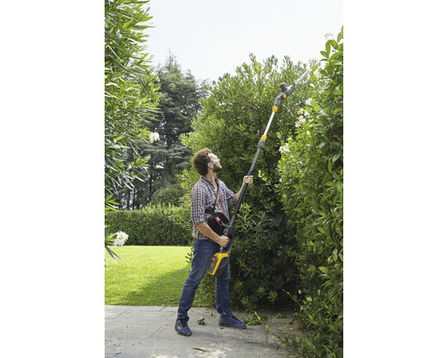 Ein Mann benutzt eine Akku-Stielheckenschere, um eine Hecke im Garten zu schneiden.