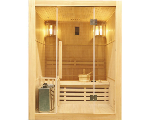 Elementsauna HomeLuxe Riga inkl. 4,5 kW Ofen u.digitaler Steuerung mit Dachkranz und Ganzglastüre aus Klarglas