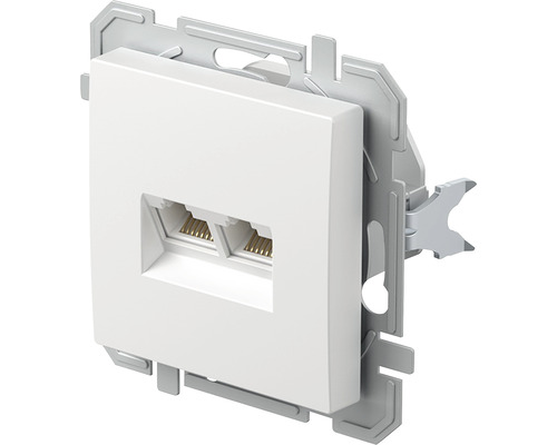 Weiße Datendose mit zwei Anschlüssen für Netzwerkverbindungen
