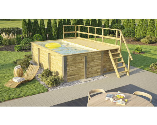 Aufbaubecken aus Holz mit Pooldeck, Leiter und gelbem Schwimmring im Garten