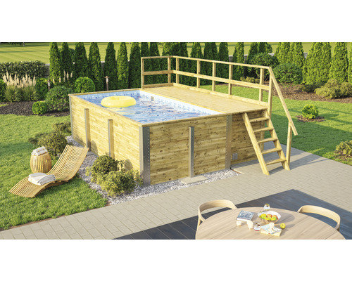 Aufbaubecken aus Holz mit Plattform und Leiter im Garten