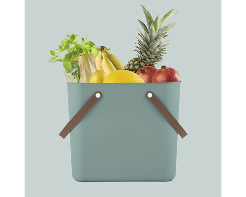 Einkaufskorb gefüllt mit Lebensmitteln wie Ananas, Bananen und Granatäpfeln