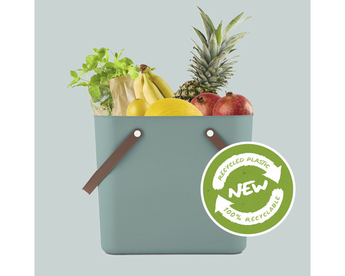 Einkaufskorb aus recyceltem Kunststoff mit Obst und Gemüse sowie dem Siegel 100 % recycelbar