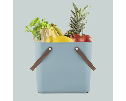 Blauer Behälter gefüllt mit Bananen, Ananas, Melone, Granatäpfeln und Kräutern