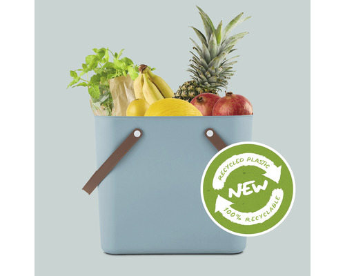 Einkaufskorb gefüllt mit Lebensmitteln und Symbol für recycelten Kunststoff