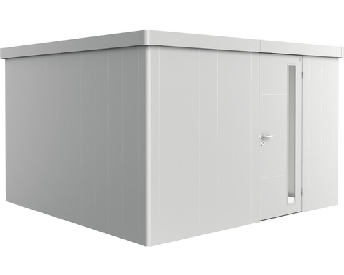 Gerätehaus Biohort Neo 4D Standardtür 348 x 348 cm silber-metallic Modernes Gartenhaus mit Flachdach und Tür mit Glaseinsatz