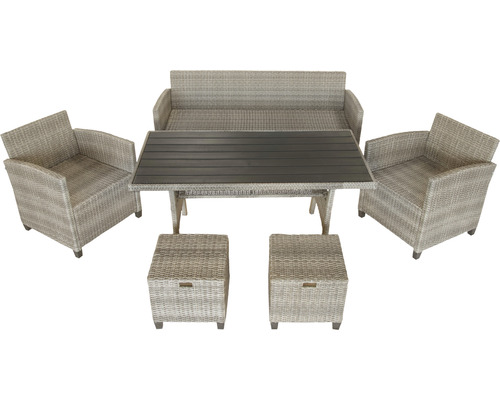 Gartenmöbelset mit Tisch, Bank, Stühlen und Hockern aus Polyrattan
