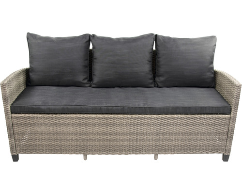 Gartenbank aus Rattan mit grauen Kissen für drei Personen