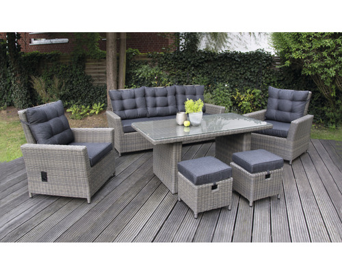 Gartenmöbelset Loungeset Dining 5 -Sitzer bestehend aus: Dreisitzer-Sofa 190x70x93 cm, 2 Sessel, 2 Hocker und Tisch inkl. Auflagen Polyrattan braun