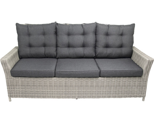 Dreisitzer Gartensofa mit grauen Kissen und Rattanstruktur