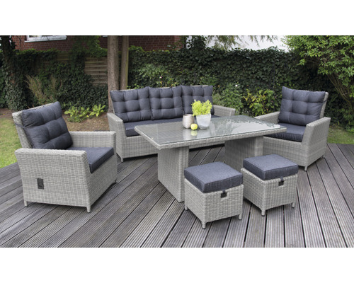 Gartenmöbelset Loungeset Dining 5 -Sitzer bestehend aus: Dreisitzer-Sofa 190x70x93 cm, 2 Sessel, 2 Hocker und Tisch inkl. Auflagen Polyrattan grau