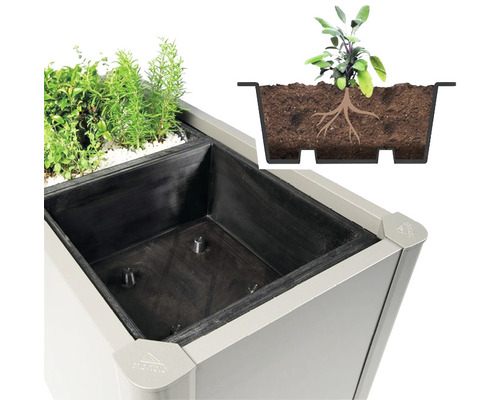 Pflanzeinsatz Biohort Pflanzbeet Belvedere 2 Stück 50 x 50 cm Detailansicht eines Pflanzgefäßes mit Erde und Pflanzen sowie einer Illustration eines Pflanzgefäßes im Querschnitt mit Wurzeln