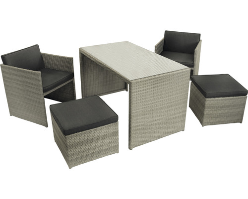 Balkonset Dining-Set Gartenmöbelset 4 -Sitzer bestehend aus: 2 Sessel,2 Hocker,Tisch,inkl, Auflagen Polyrattan Stahl Grau