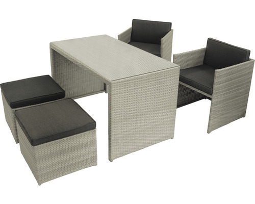 Gartensitzgruppe mit Tisch, Stühlen und Hockern aus Rattan