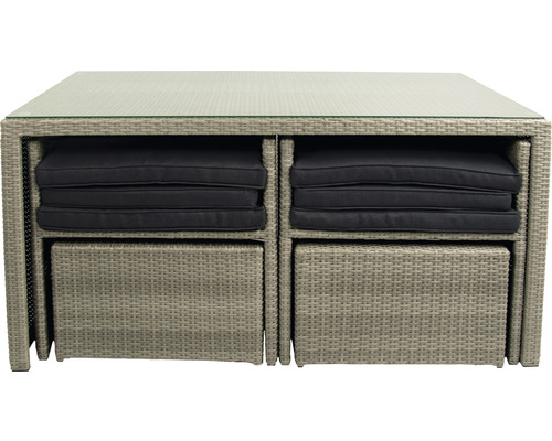 Gartentisch mit Glasplatte, Polster und Hockern aus Rattan