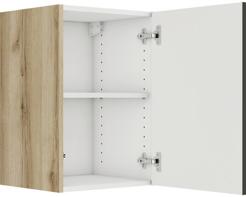 Geöffneter Hängeschrank mit Einlegeboden und Holztür