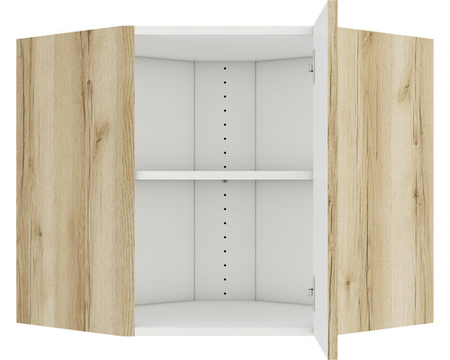 Offener Eckhängeschrank mit Regalböden und Holzdekor