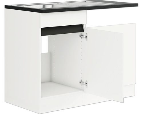 Spülenunterschrank Optifit Luca weiß matt 50x88x60 cm mit Drehtür und Blende Küchenspülenunterschrank mit offener Tür.