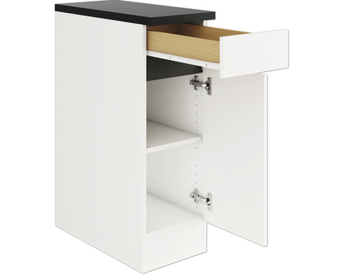 Unterschrank mit Schublade, Einlegeboden und offener Tür