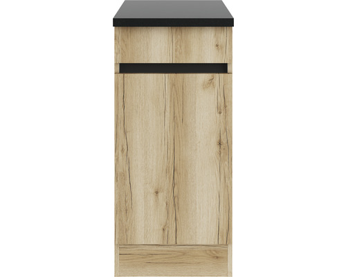 Badezimmer Unterschrank mit Holzdekor und schwarzer Abdeckung