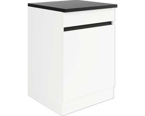 Weißer Unterschrank mit dunkler Tischplatte für Badezimmer