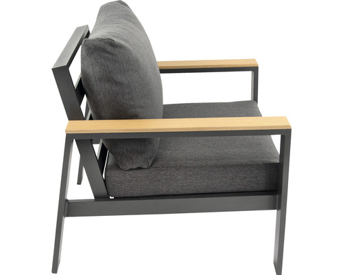 Gartenstuhl mit Kissen und Armlehnen aus Aluminium und Holz