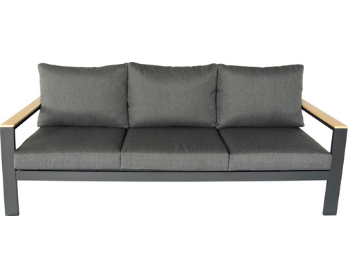 Drei-Sitzer Gartensofa mit Polster und Holzarmlehnen