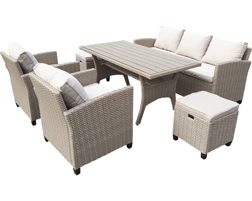 Gartenmöbelset mit Tisch, Sofa, Sesseln und Hockern