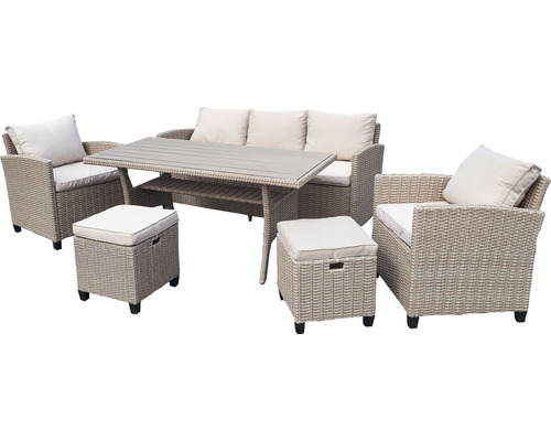 Dining-Set Gartenmöbelset Loungeset 5 -Sitzer bestehend aus: Dreisitzer-Sofa,2 Sessel,2 Hocker,Tisch,inkl, Auflagen Polyrattan Stahl Beige